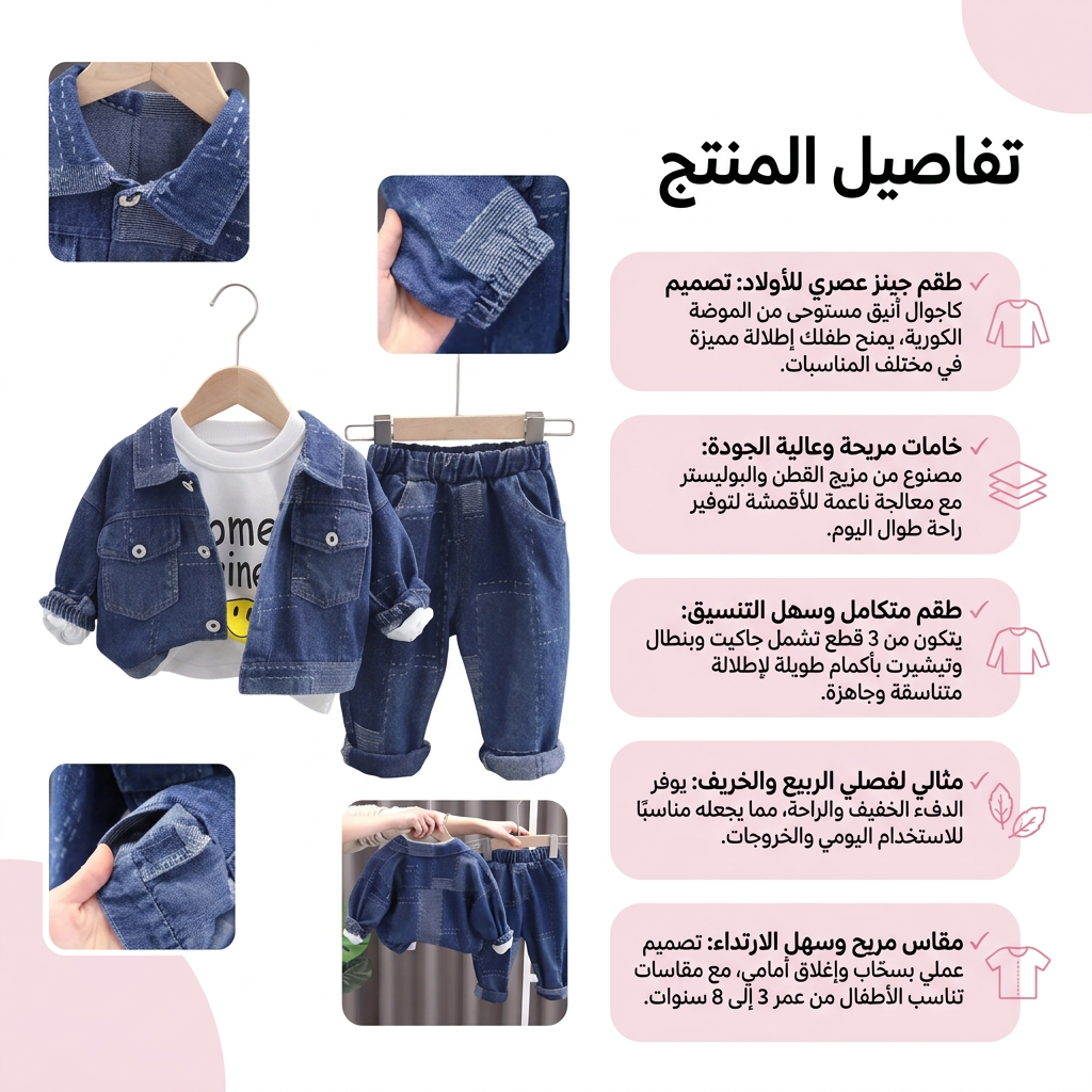طقم ملابس أطفال جينز مكون من 3 قطع