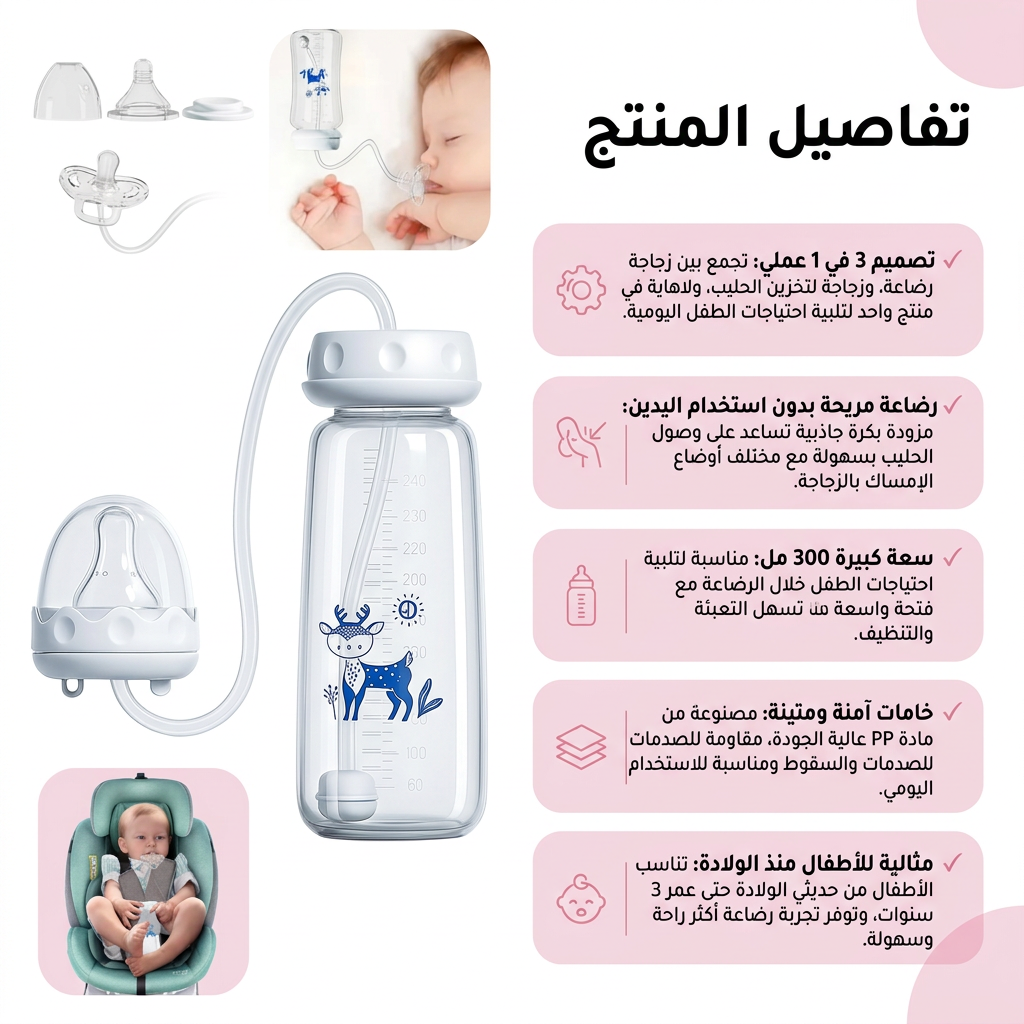 زجاجة رضاعة 3 في 1 بدون استخدام اليدين سعة 300 مل، زجاجة تخزين الحليب، لهاية، زجاجة إرضاع متعددة الوظائف مضادة للسقوط مع كرة جاذبية