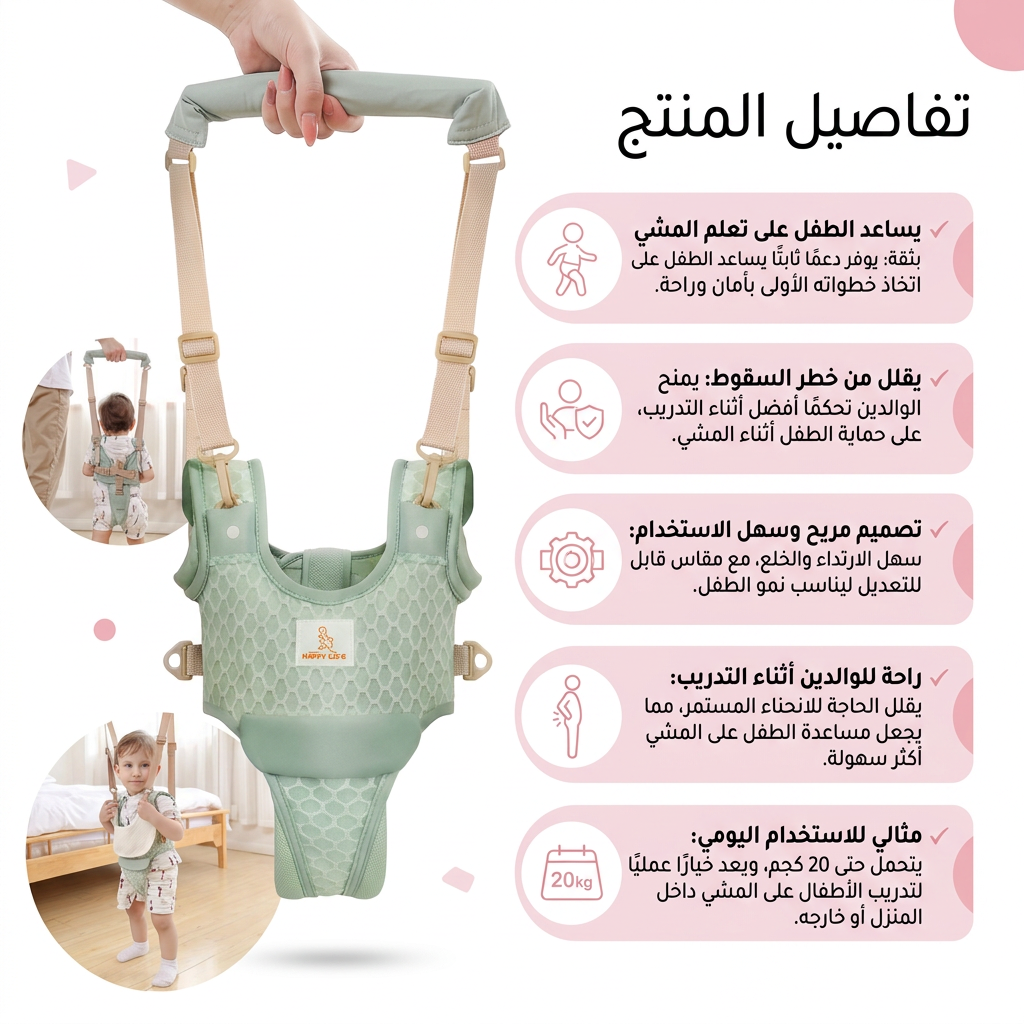 حزام مشي للاطفال، حزام مساعد مشاية للاطفال من ايولون مريح وجيد التهوية، يساعد الطفل على المشي