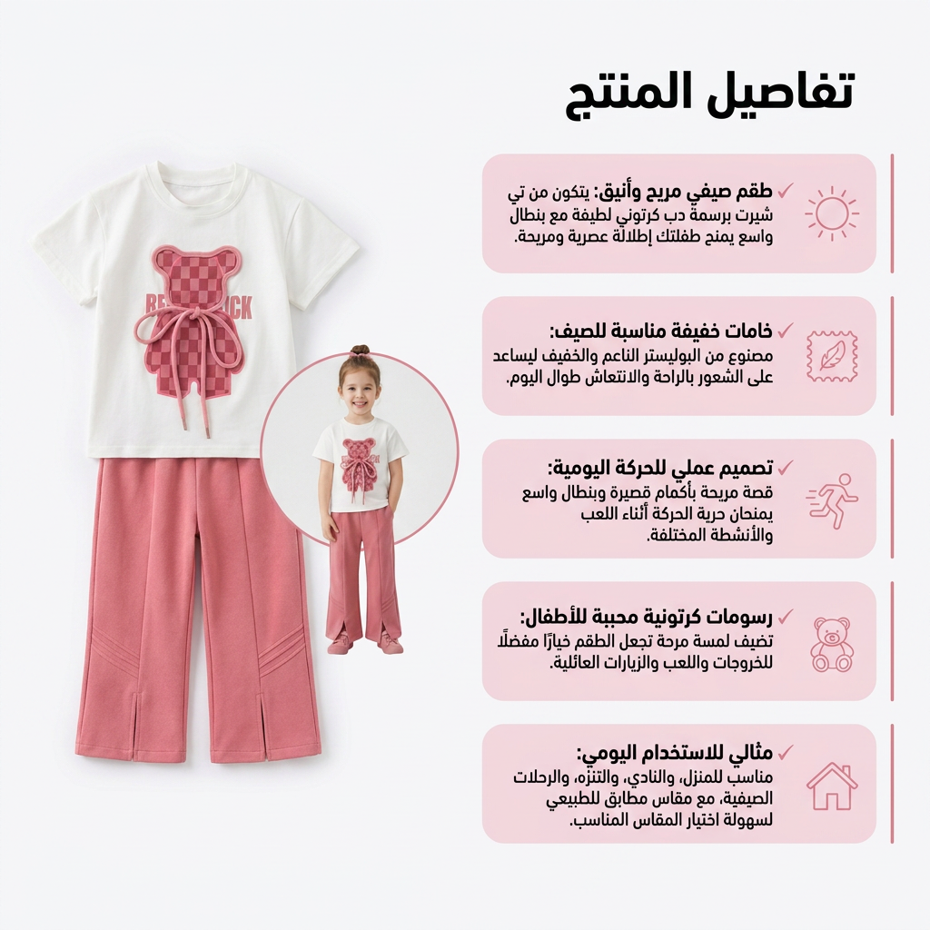 مجموعة ملابس صيفية للفتيات الصغيرات تي شيرت على شكل دب كرتوني للأطفال الصغار